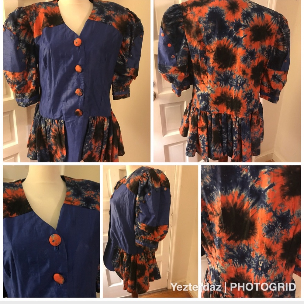Handmade Blue and Orange Puff Sleeve Peplum Blouse - Picture 5 of 5